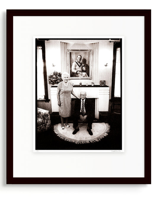 Framed black and white portrait of Sir Donald and Lady Jessie Bradman by Robin Sellick, part of the Collector Edition photographic series.