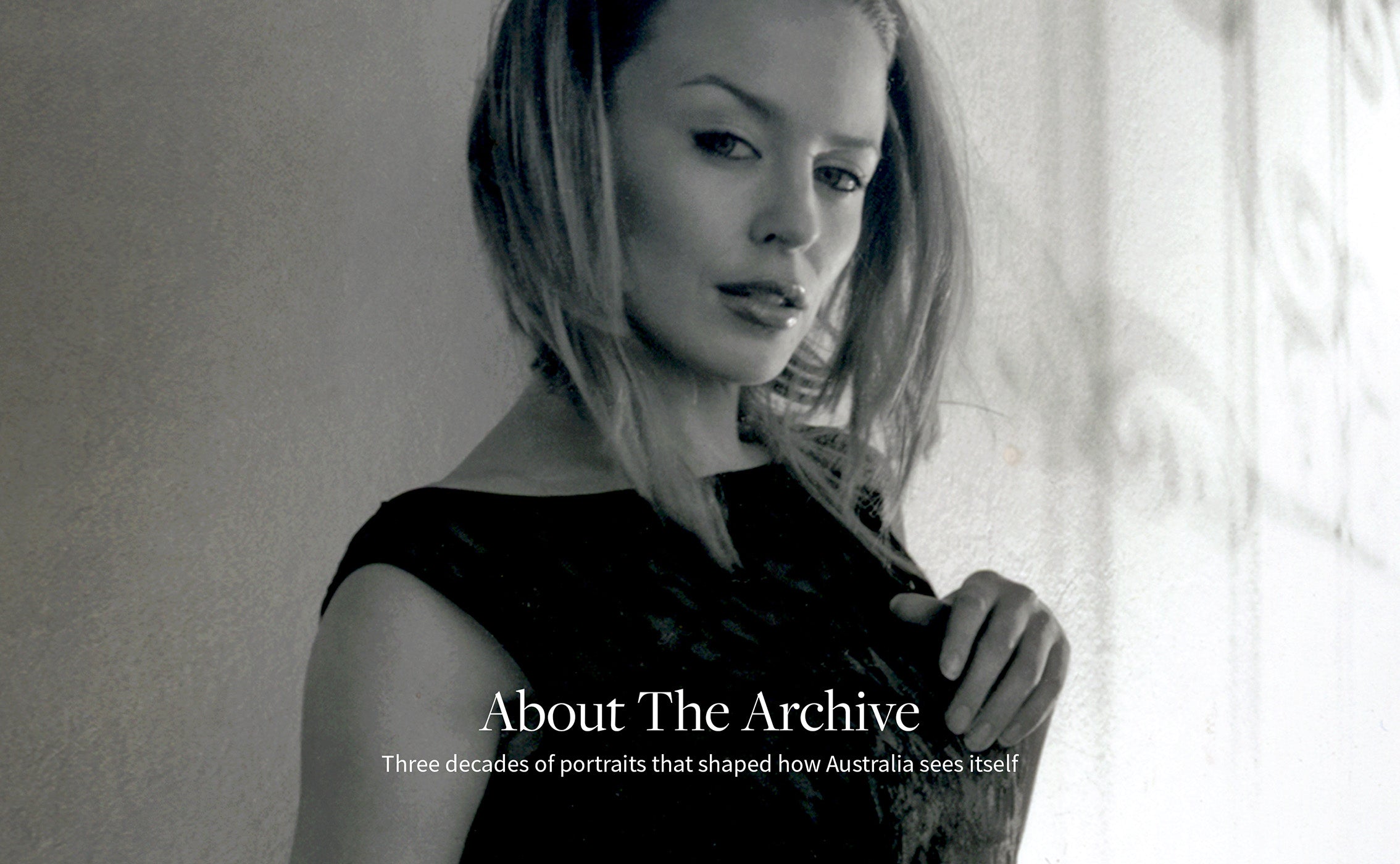 Art-directed hero image for The Sellick Archive’s About page featuring Robin Sellick’s 1997 black-and-white portrait of Kylie Minogue, representing Australian cultural identity and the enduring legacy of fine art portraiture