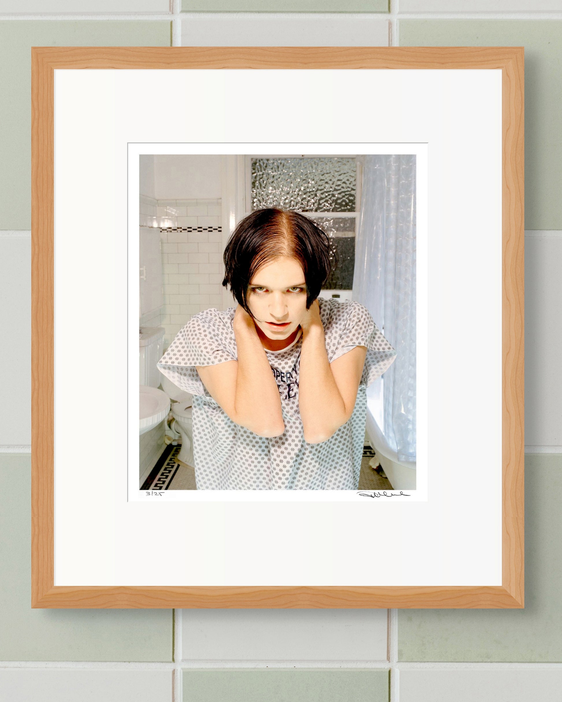 Framed limited edition Brian Molko portrait by Robin Sellick, photographed in a bathroom for Rolling Stone Australia, 1998 – bold and iconic Placebo imagery.
