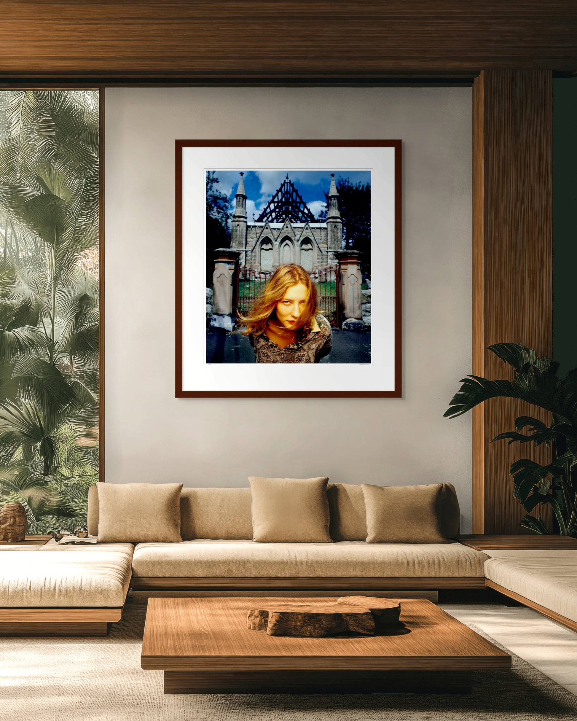 Framed colour photographic portrait of Cate Blanchett photographed in Woollahra, Sydney in 1994 by Robin Sellick, displayed in a mid-century inspired living room interior.