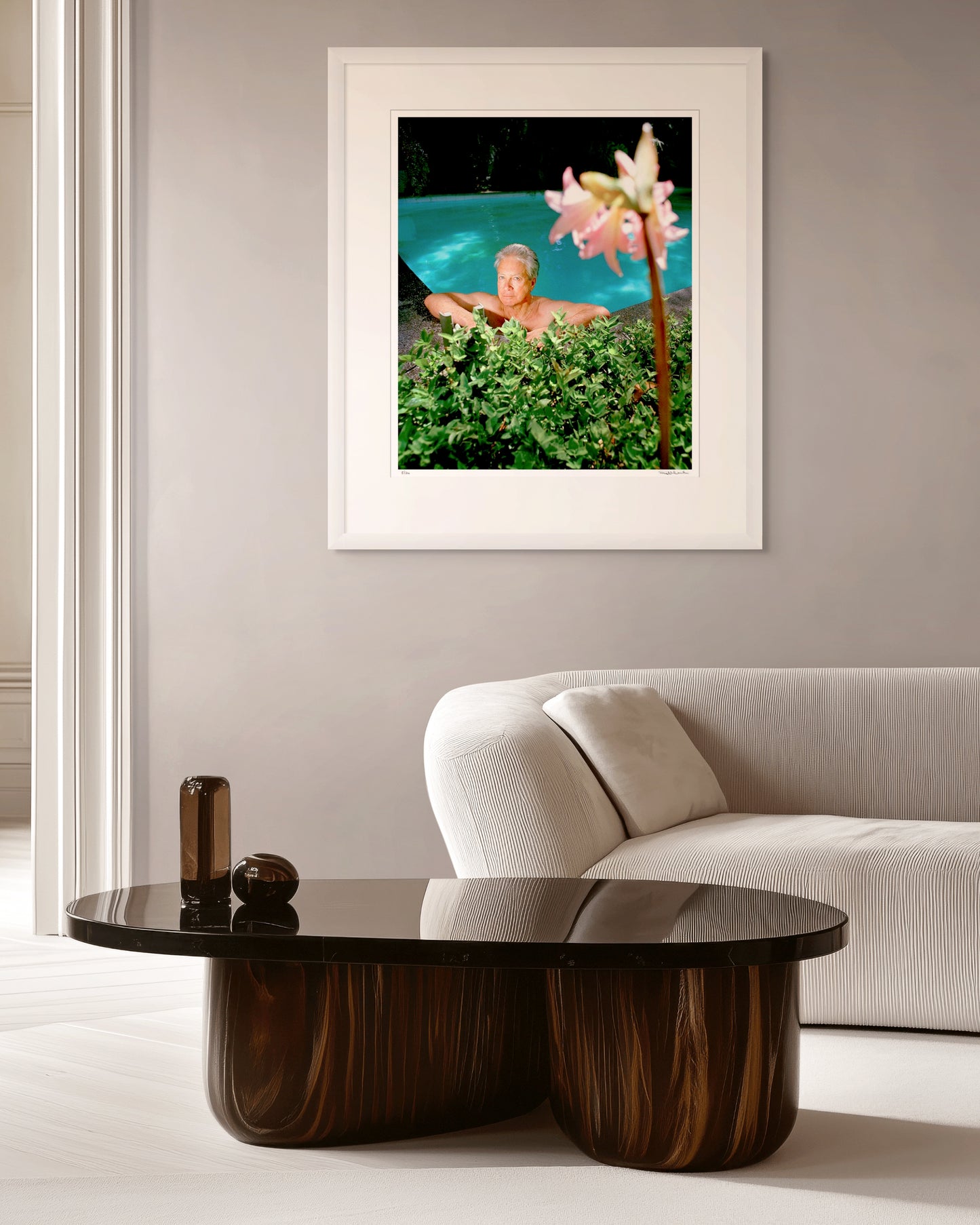 Framed colour photographic portrait of Don Dunstan photographed in Norwood, Adelaide in 1993 by Robin Sellick, displayed in a minimal contemporary interior with white frame.