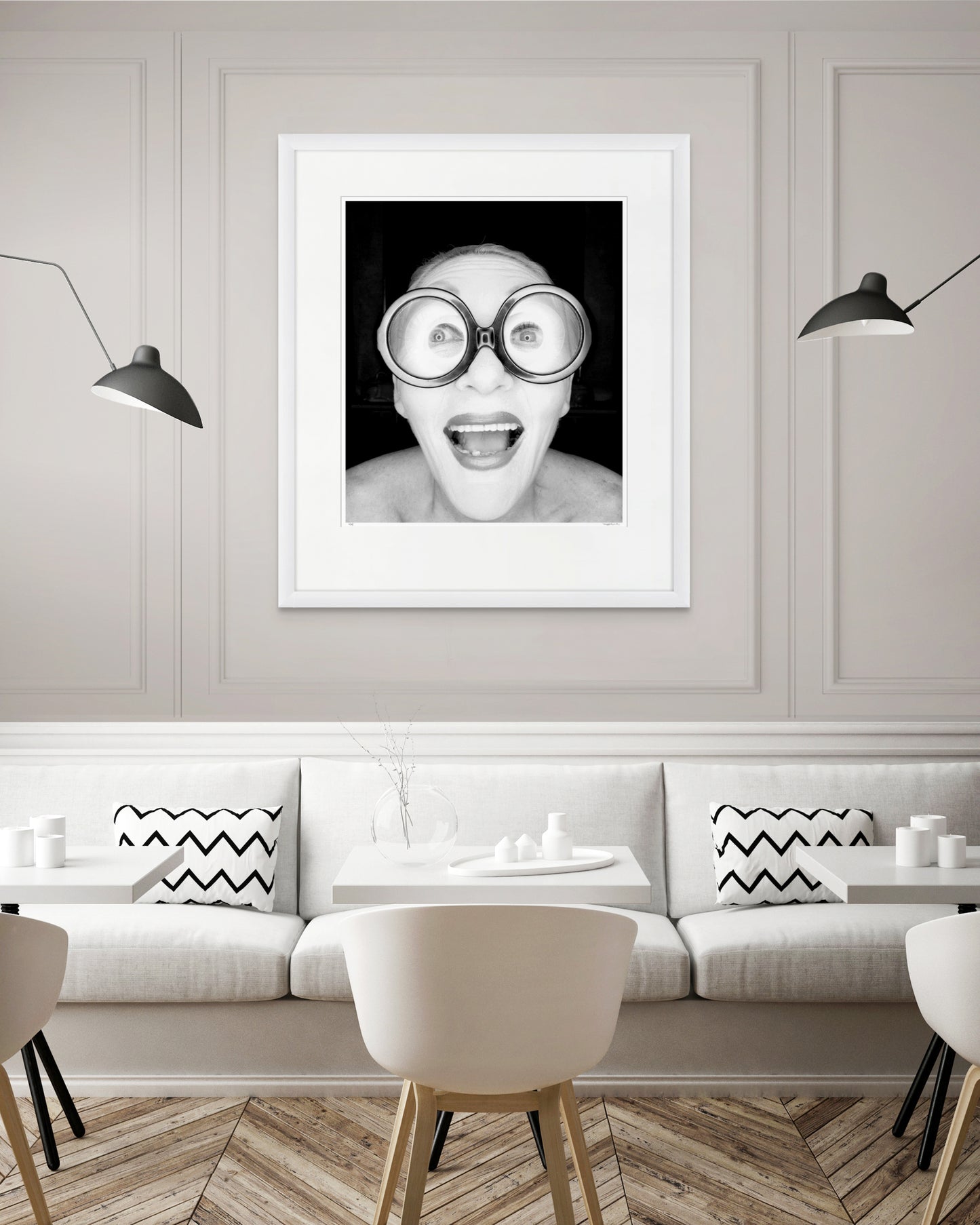Collector Edition framed photographic portrait of Jeannie Little by Robin Sellick, displayed in a refined dining setting with soft tones and contemporary design.