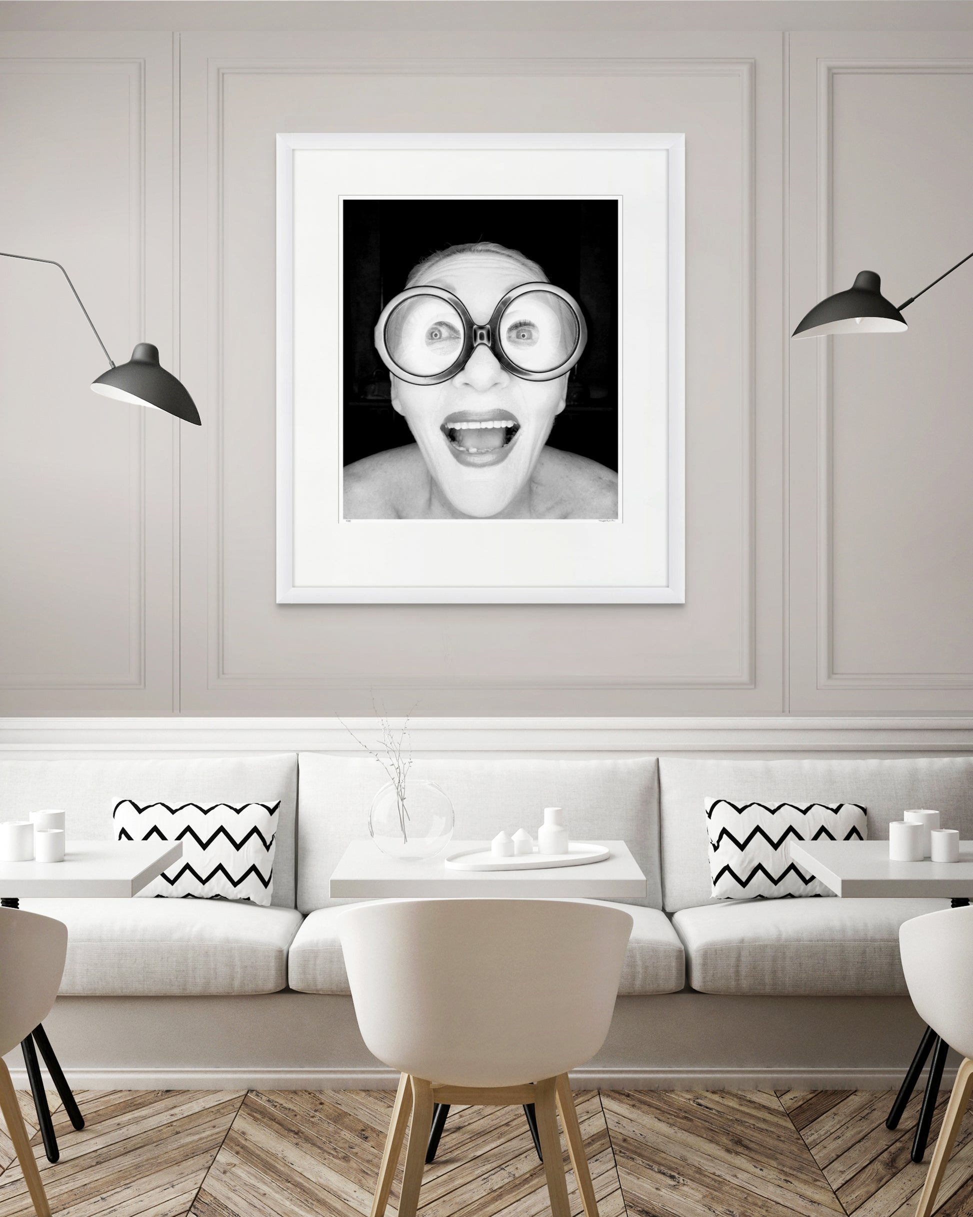 Collector Edition framed photographic portrait of Jeannie Little by Robin Sellick, displayed in a refined dining setting with soft tones and contemporary design.