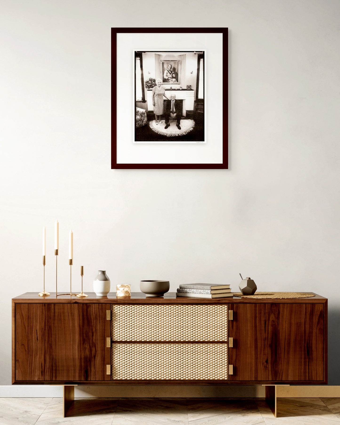 Black and white photographic portrait of Sir Donald and Lady Jessie Bradman by Robin Sellick, presented in a refined contemporary setting.