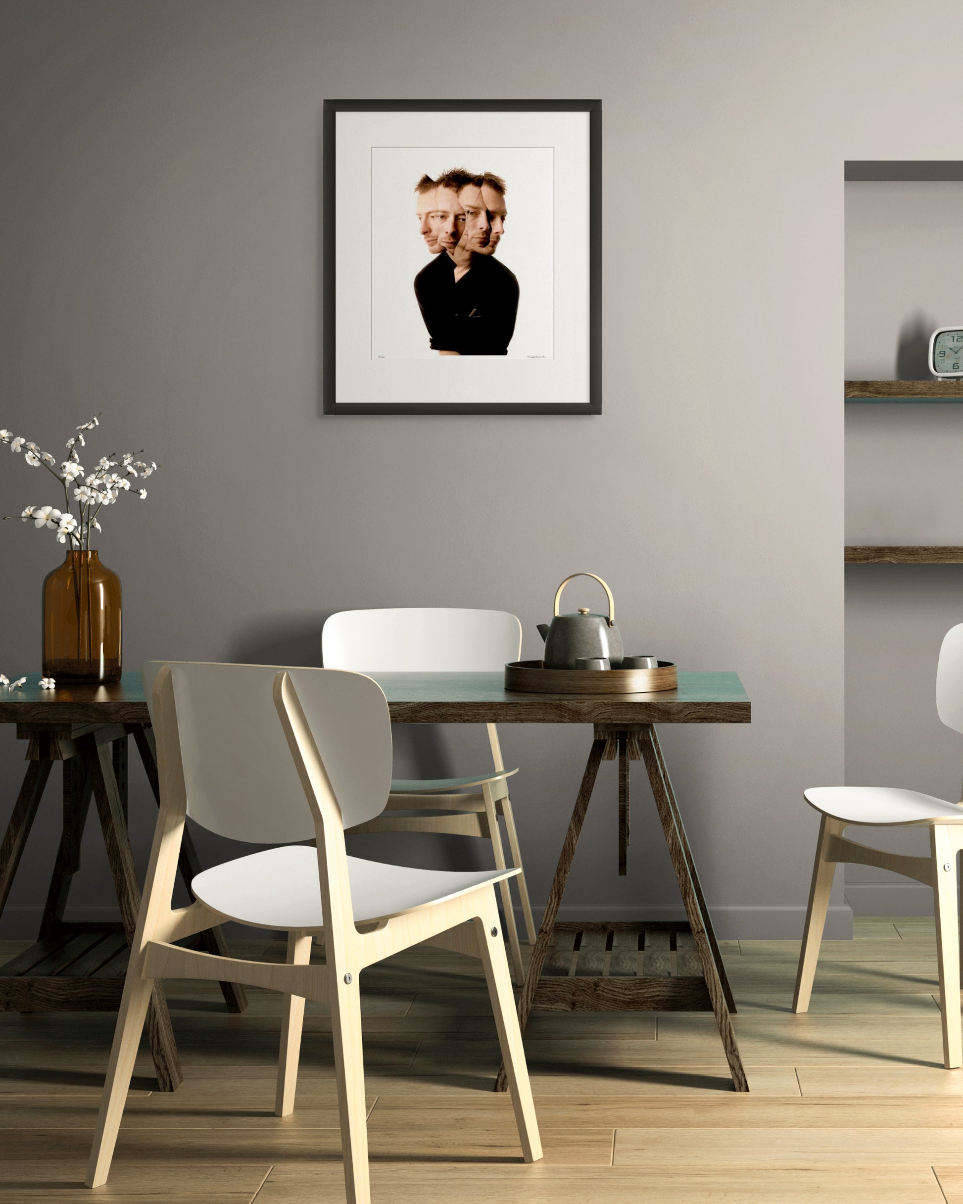 Collector Edition framed photographic portrait of Thom Yorke by Robin Sellick, displayed in a warm contemporary dining room with muted tones and minimal styling.