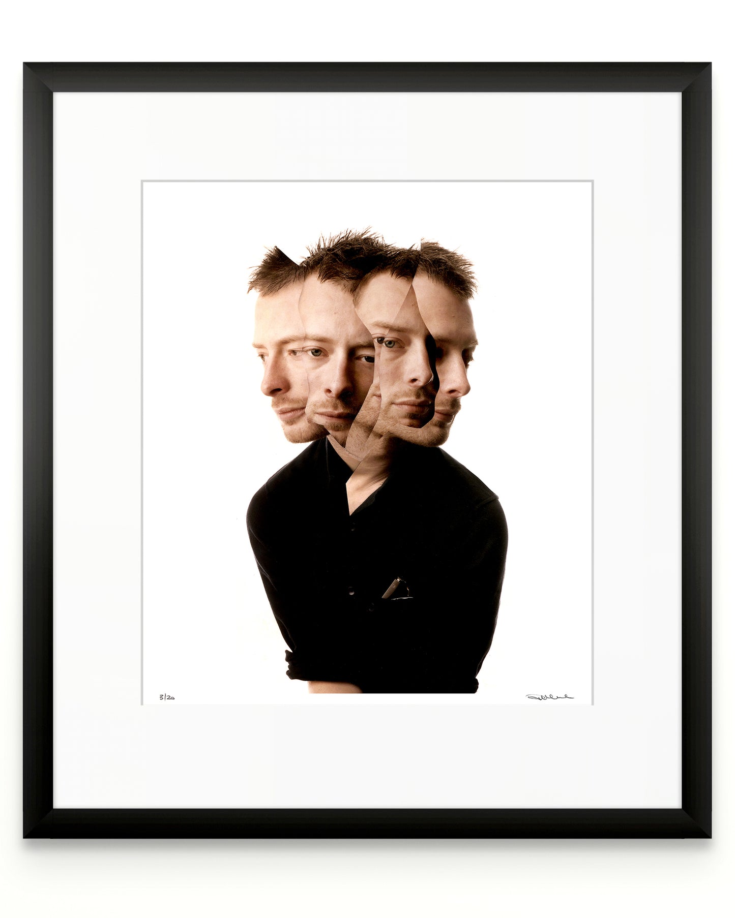 Framed photographic portrait of Thom Yorke by Robin Sellick, part of the Collector Edition series – a minimalist fine art print presented in a black frame with white mat.