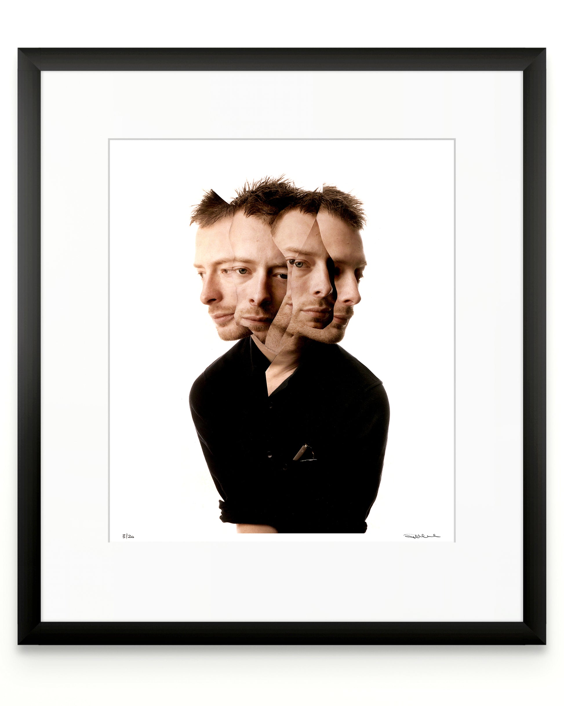 Framed photographic portrait of Thom Yorke by Robin Sellick, part of the Collector Edition series – a minimalist fine art print presented in a black frame with white mat.